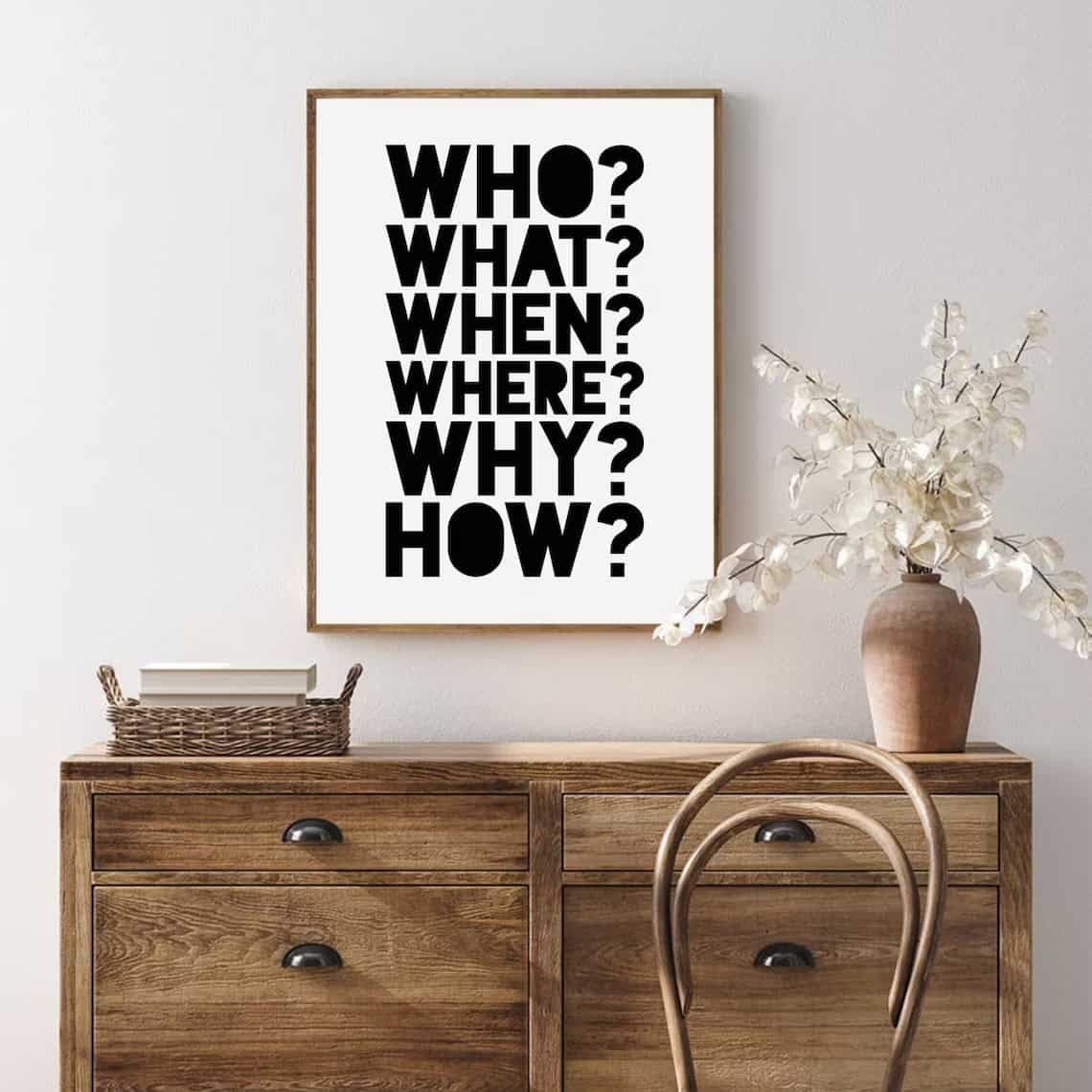 Poster that reads 'who what when where why how'